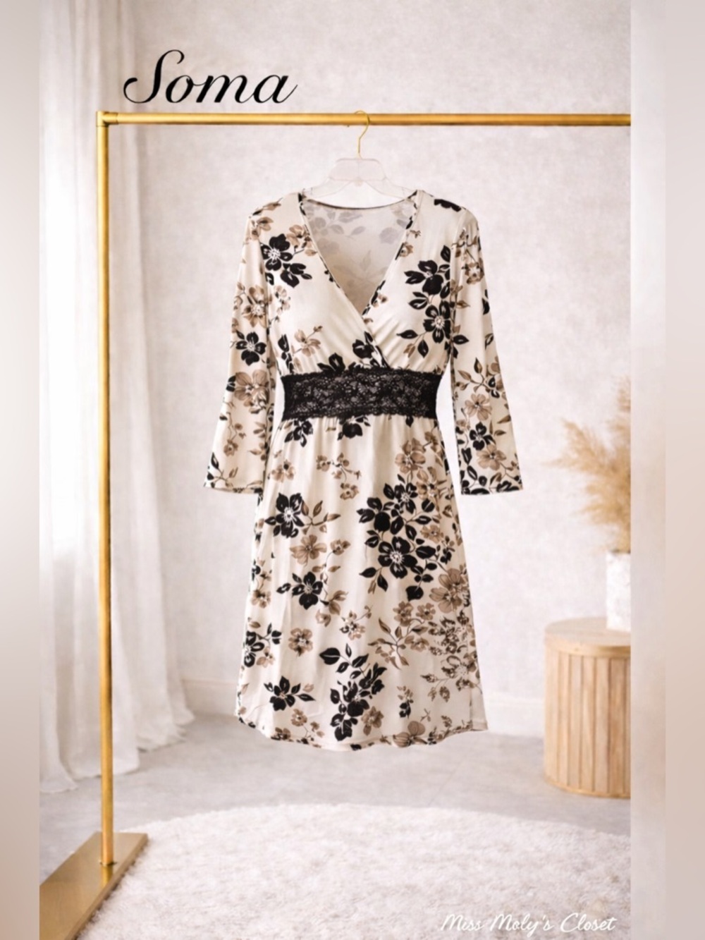 Soma Luxe Floral Modal Nightgown Lace Waist Soft Stretch Sleep Dress L
